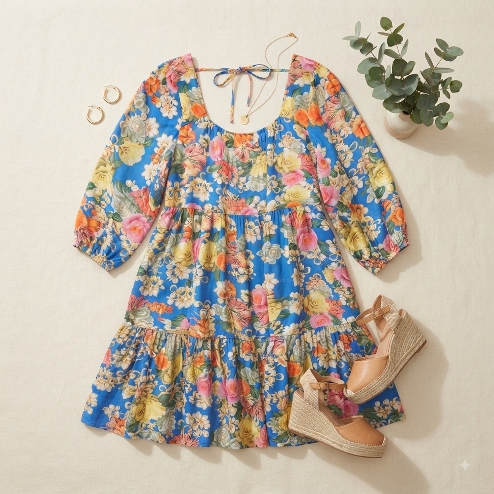 Johnny Was Pauline Dress Womens XS Blue Floral Silk Blend Tiered Boho CSW2725-M